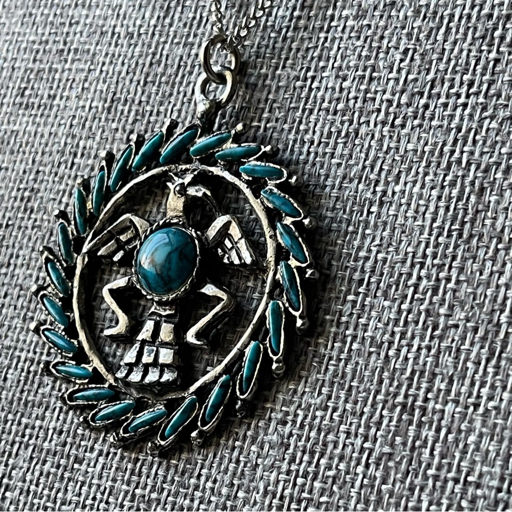 Vintage | Zuni Style Eagle Faux Turquoise Silver Tone 24" Necklace